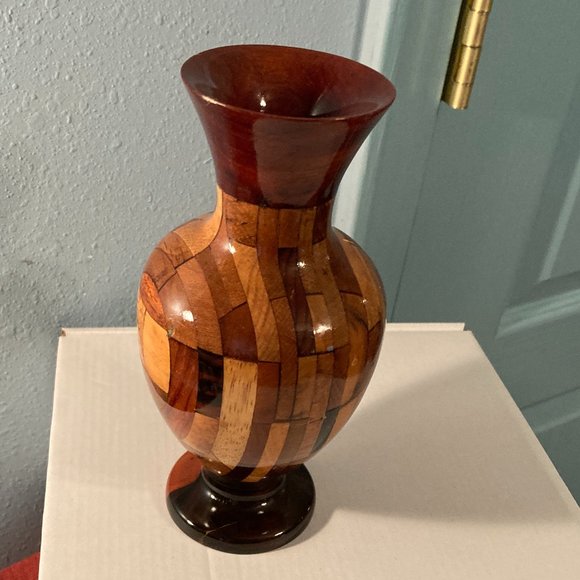 VTG Hand Turned Studio Marquetry Wooden Vase-7.25" H-Multicolored Patterns-VGUC - Picture 6 of 10